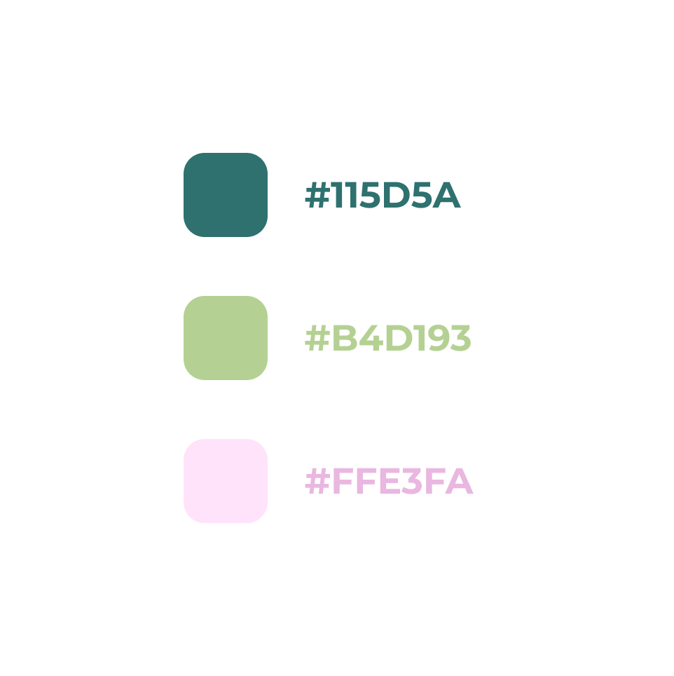 Amplify palette: 115D5A, B4D193 and FFE3FA