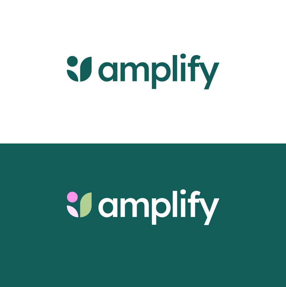 Amplify logo in dark green on white and reversed on green