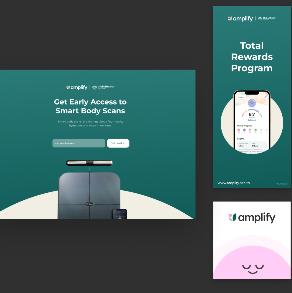 Amplify marketing graphics: waitlist page, rewards program poster and brand card