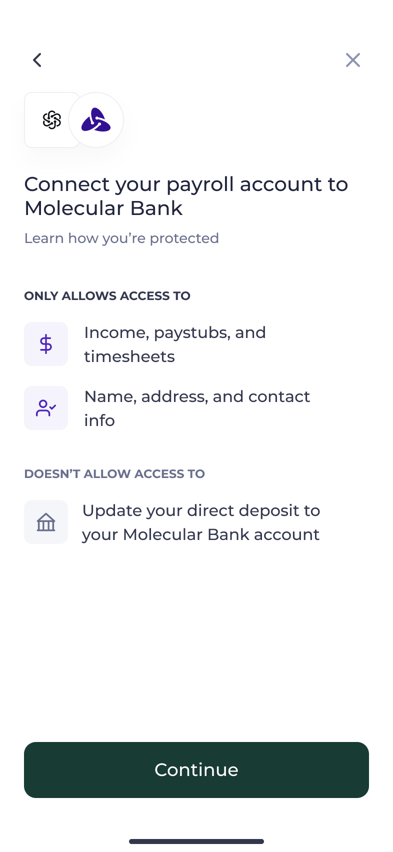 LegacyAI payroll account connection permissions screen