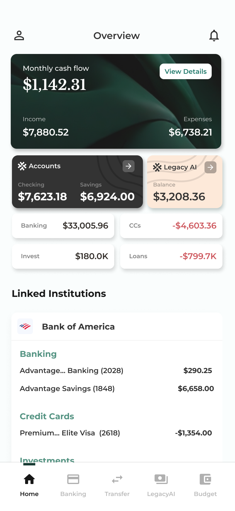 LegacyAI overview screen with monthly cash flow, accounts and linked institutions