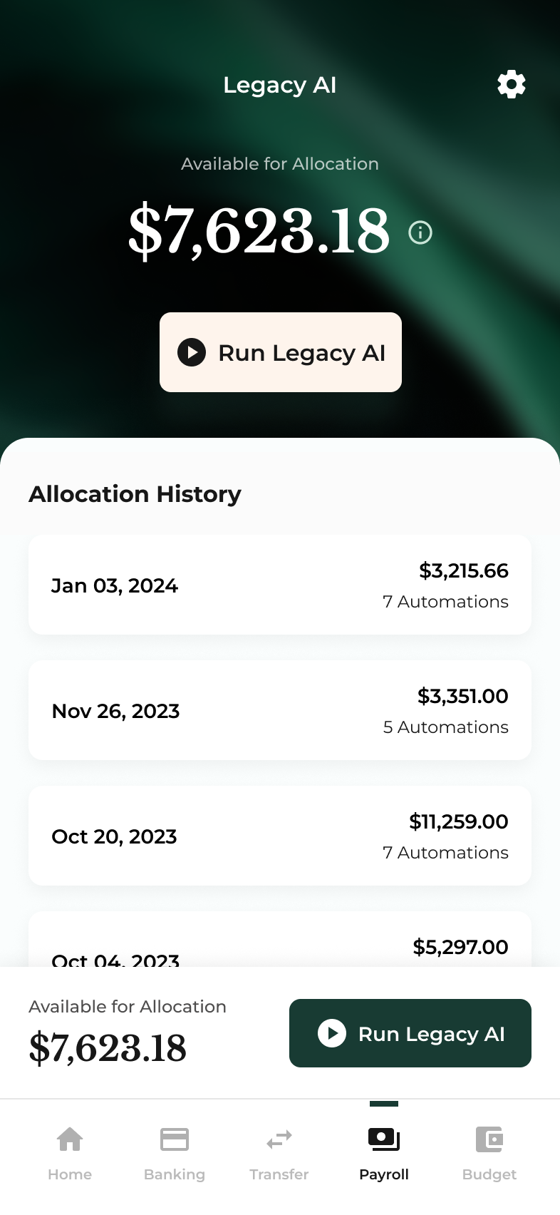 LegacyAI allocation screen with available balance and allocation history