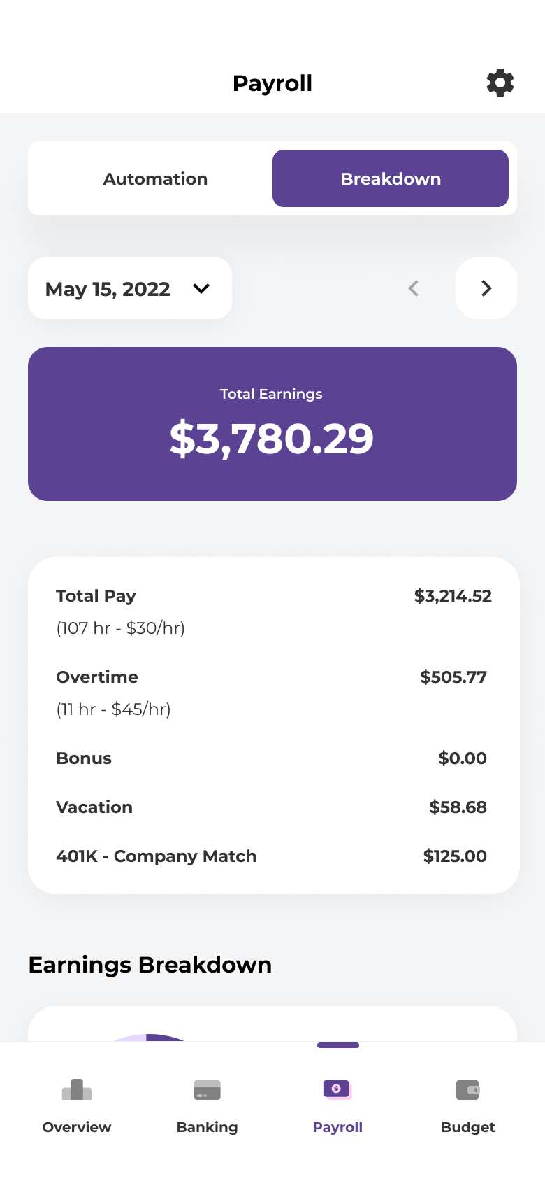 Payroll breakdown — total earnings with hours, overtime, vacation and company match