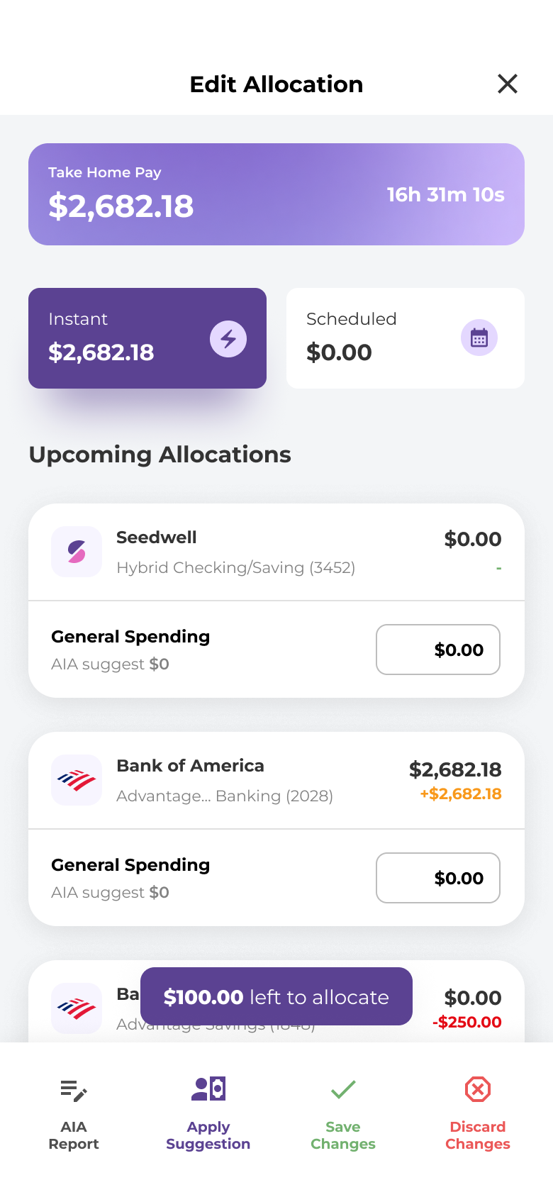 Edit allocation — per-account amounts against suggestions, with an amount left to allocate