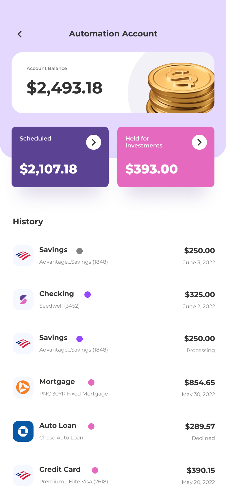 Automation account — balance, scheduled and held amounts, and a history of every transfer