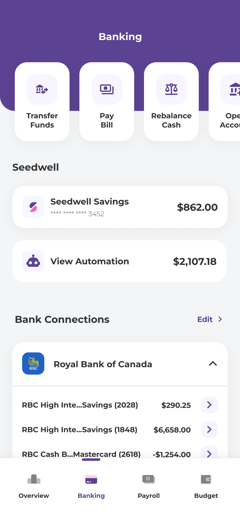 Seedwell banking — transfer, pay bill, rebalance cash and linked bank connections