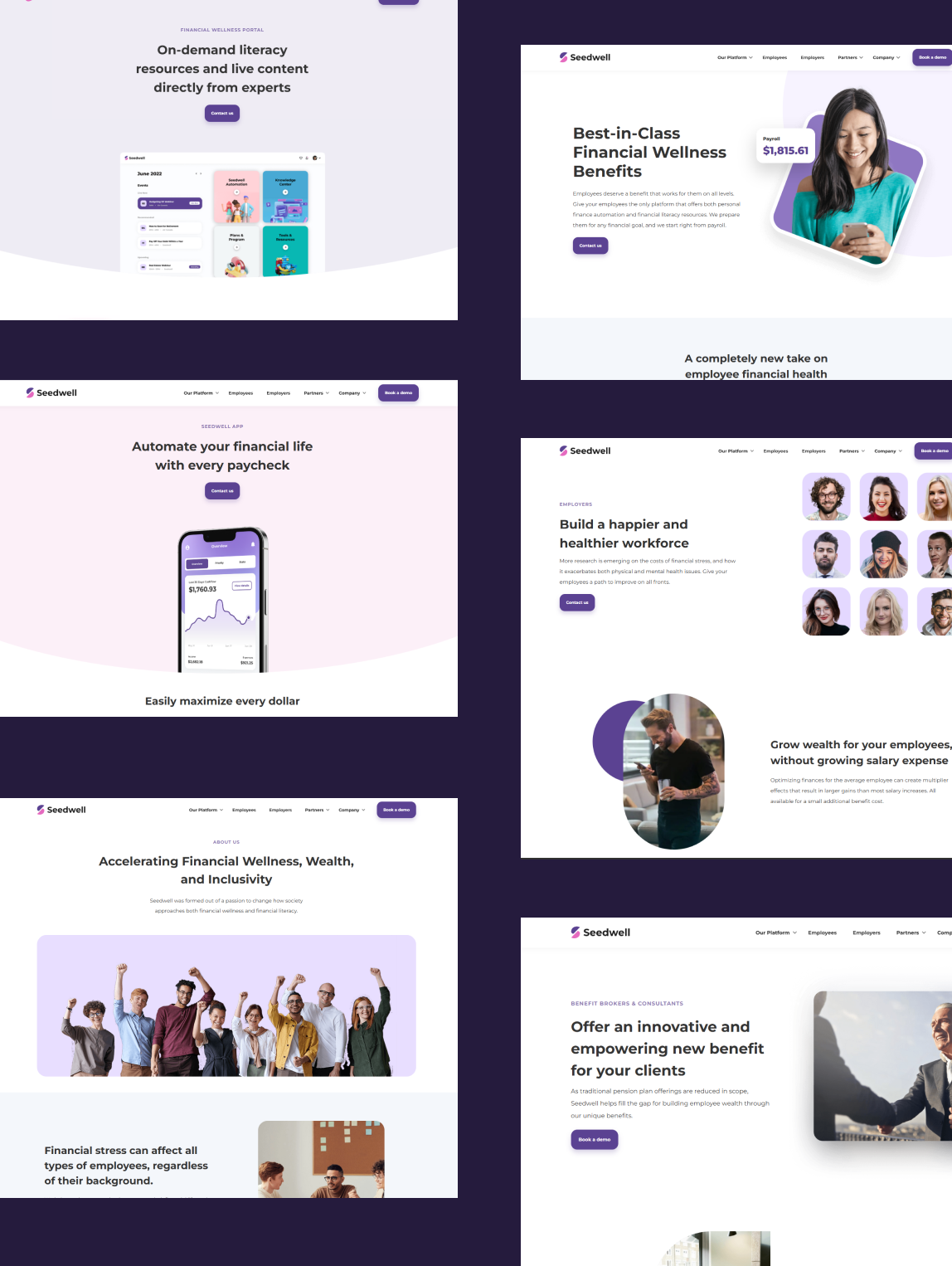 Seedwell marketing website pages for employees, employers and brokers