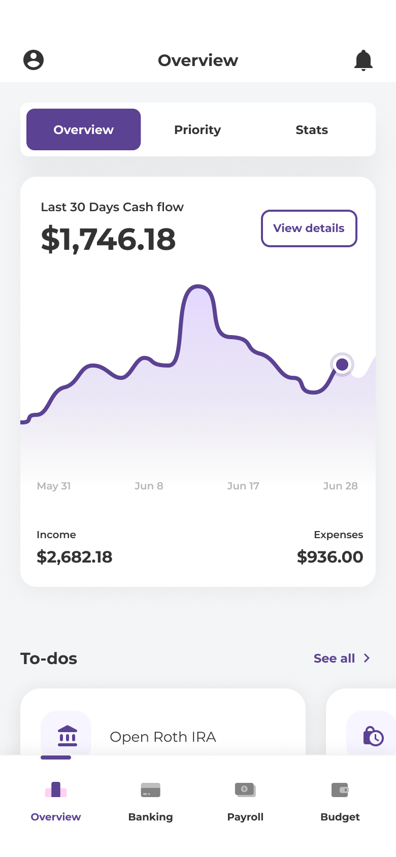 Seedwell member app overview — 30-day cash flow, income, expenses and to-dos