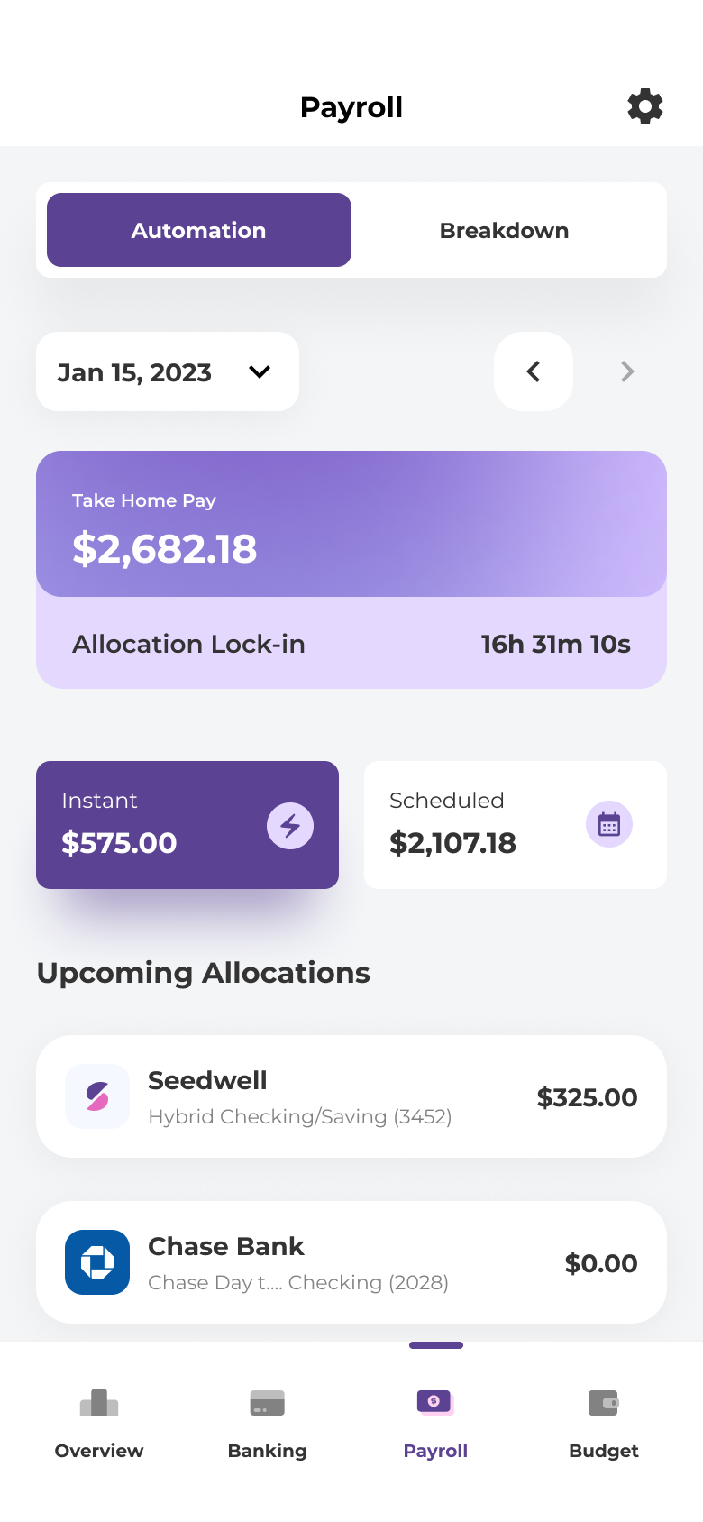 Seedwell payroll automation — take-home pay, allocation lock-in and upcoming allocations