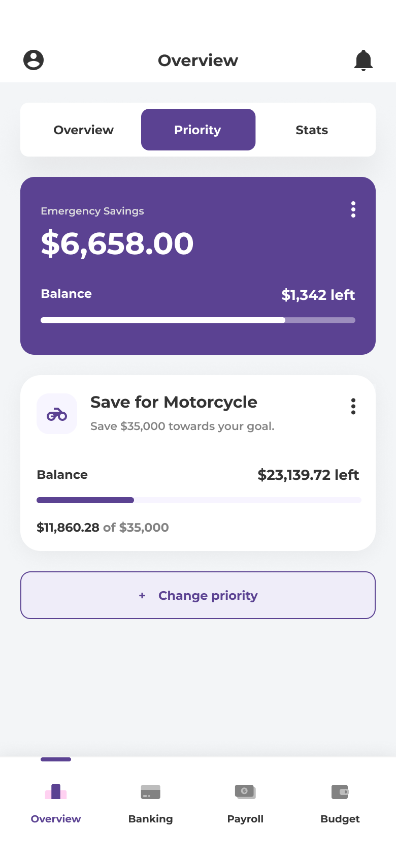 Seedwell priorities — emergency savings and goal progress with reorderable priority